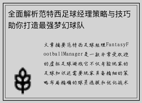 全面解析范特西足球经理策略与技巧助你打造最强梦幻球队